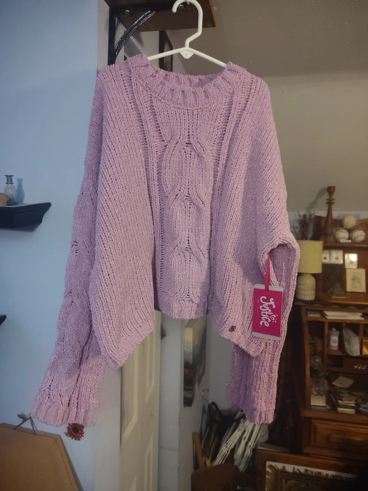 Justice Youth Girls Size Large (12/14) Light Pink Shimmer Cable Knit Sweater New - Image 1 of 4