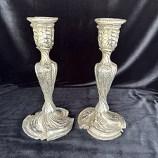 Pair of Vintage Pewter Candlesticks – 10” Tall Art Nouveau Style Grape Motif