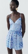 ZARA Women Printed Playsuit Romper Gathering Blue White Large NEW NWT