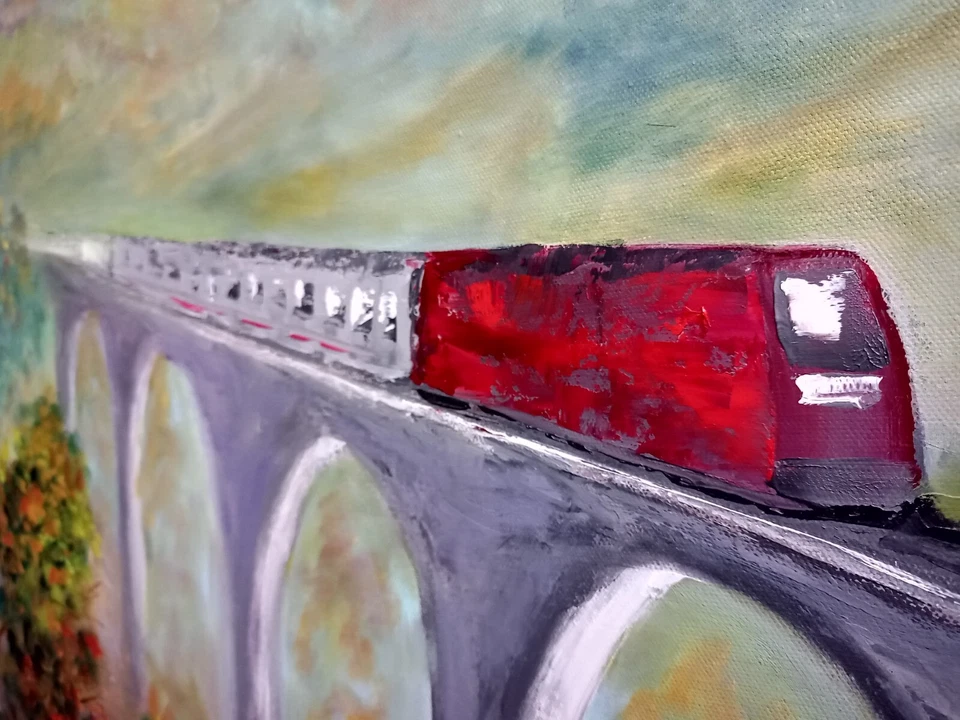 Zug Brücke Berge Ölbild 60x60 cm Landschaft Original Gemälde auf Leinwand - Bild 4 von 4
