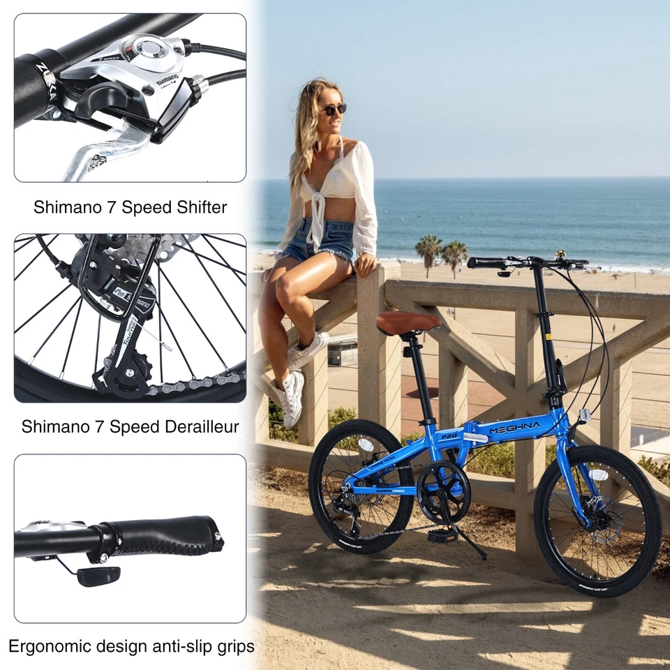 MEGHNA 20" Bicicleta de Ciudad Plegable 7 Velocidades Bicicleta Plegable, Cuadro de Aluminio, Azul Foto 4 de 4