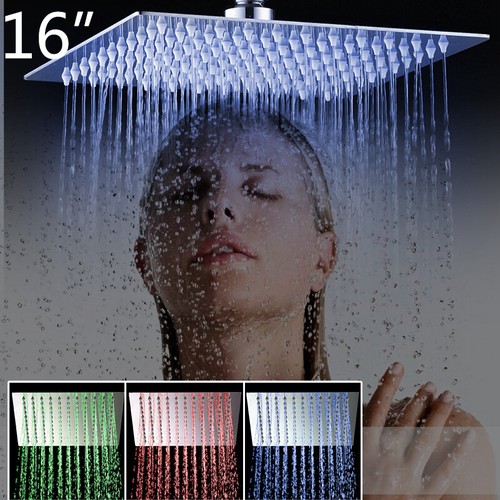 8"12"16" Quadratischer Duschkopf 3 Farben LED Chrom Badezimmer Wasserhahn Ersatz Regenkopf - Bild 14 von 37