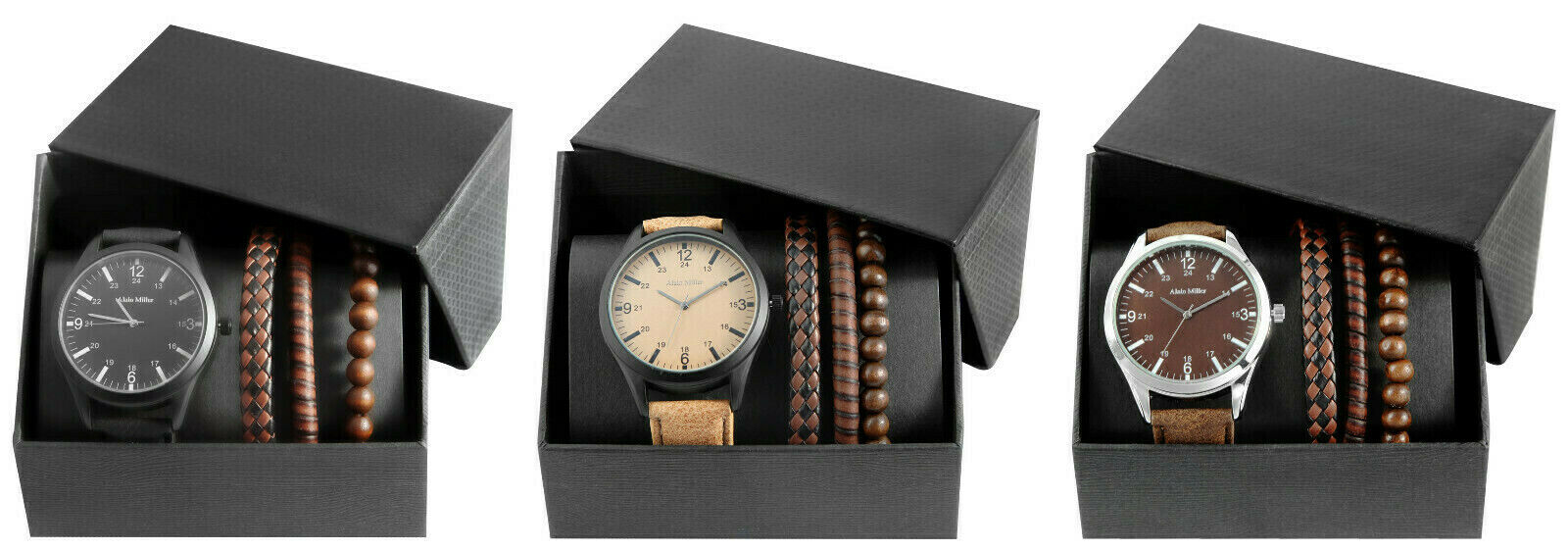 Alain Miller Mens Watch Wristwatch Bracelets Gift Set Brown Plaited Bead