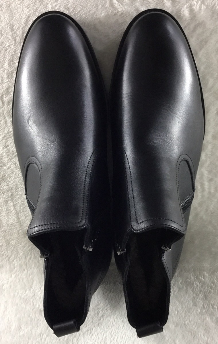 Mens Winter Ankle Boots Black Leather Side Zip Faux Fur  display picture 1