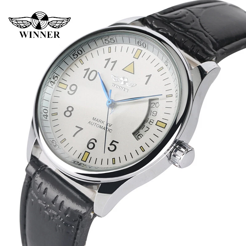 Reloj mecánico automático WINNER para hombre con pantalla de fecha correa de cuero negro relojes Foto 3 de 4