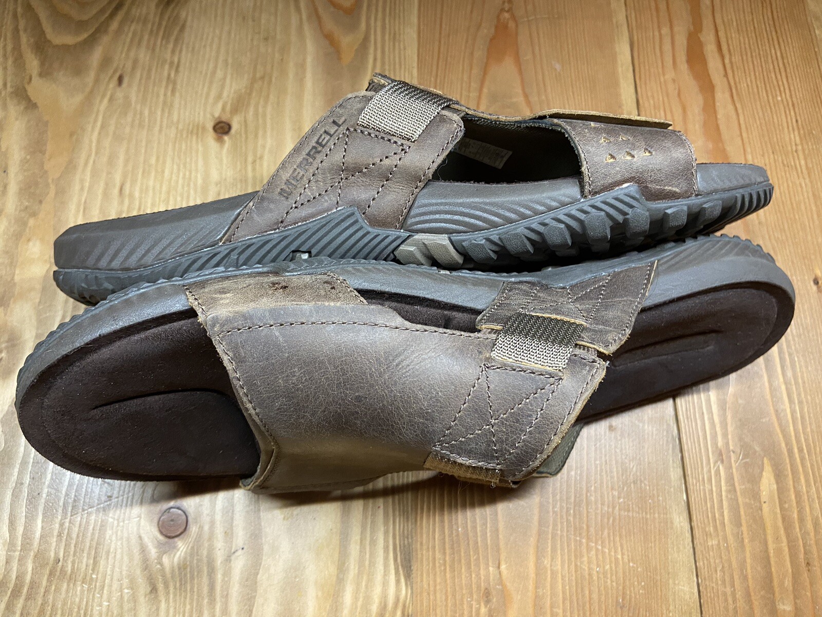 MERRELL "Terrant" Sandali Slides Pelle Terra Scura Uomo Tg 12 Nuovi