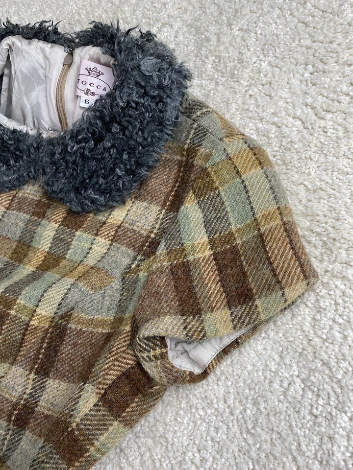 Tocca Dress Women's 6 Brown Plaid Wool Faux Fur Collar Short Sleeve Pencil Retro - Image 4 of 4