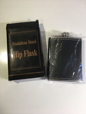FLASK 8oz Black Faux Leather Wrap Stainless Steel Attached Screw Cap Hip Pocket