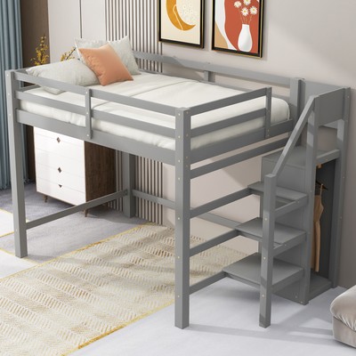 Full Size Loft Bed with Built-in Storage Wardrobe and Staircase, Gray(Old SKU:SM
