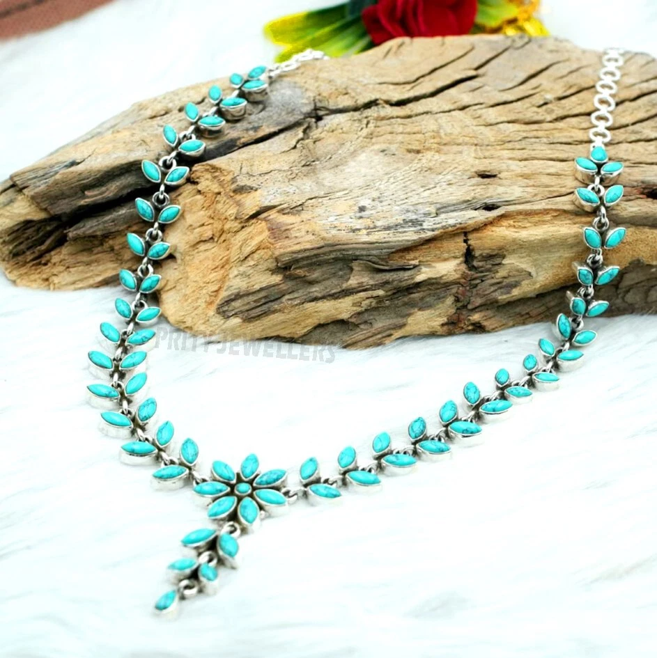 Natural Turquoise Necklace 925 Sterling Silver Handmade Gemstone Jewelry - Image 4 of 4