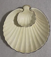 VTG Fitz & Floyd Clam Shell Chip Dip Bowl Dish Yellow Gold Striped 1975  11.5”