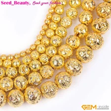 Golden Coated Volcanic Lava Rock Gemstone Beads Metallic For Jewelry Making 15"