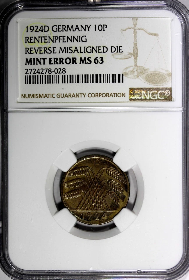Germany - Weimar Republic 1924 D 10 Rentenpfennig NGC MINT ERROR MS63 KM# 33 (8) - Image 2 of 4