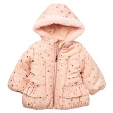 Kensie Girl Foil Heart Print Pink Puffer Jacket with Faux Fur  Fleece Size 18M