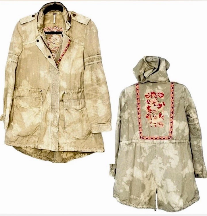 Free People FESTIVAL ANORAK Chaqueta con Capucha Militar Boho Bordada Floral-Talla 0 Foto 4 de 4