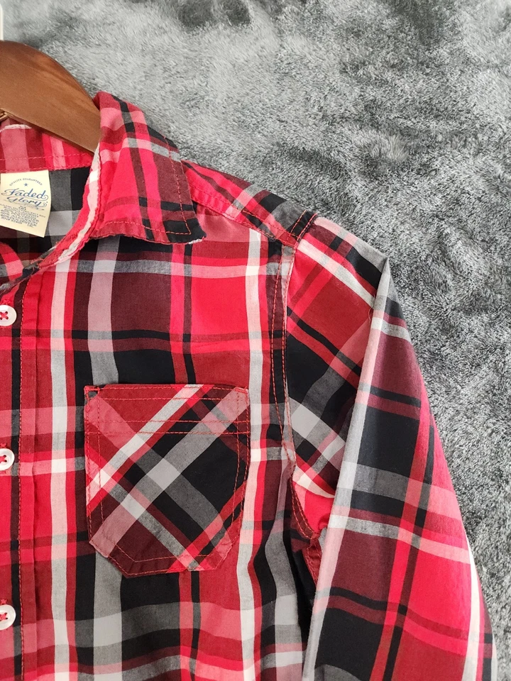 Camisa a Cuadros Roja con Botones Manga Larga Gloria Desteñida Niños Mediun Talla 8 Foto 3 de 4