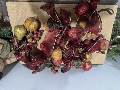 Vintage Sugared Fruit Swags Pear, Grapes,Apples, Pomegranite Burgandy Gold Bow