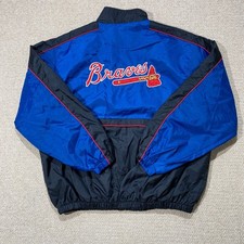 VINTAGE Atlanta Braves Jacket Mens XL Black Blue MLB Baseball Starter Shell Coat