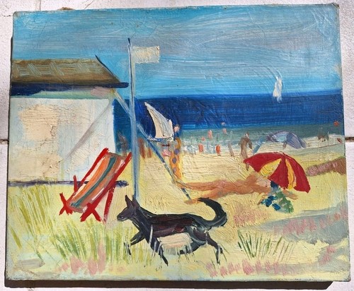 peinture ancienne huile sur toile Bord De Mer Scène Personnage , Plage Tableau - Photo 2 sur 9
