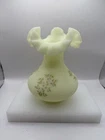 Fenton Vintage Custard Uranium Vase Ruffle Top Handpainted Signed Marilyn Wagner