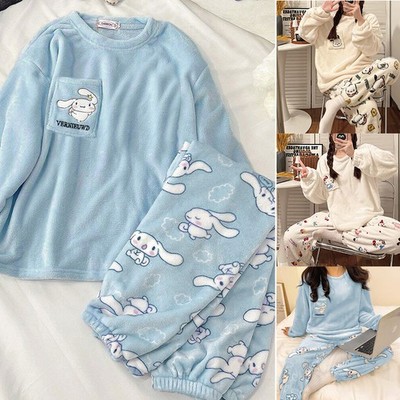 Frauen 2-Teiler Weich Lang Kawaii Cartoon Flanell Pyjamas Beqeum Nachtwäsche