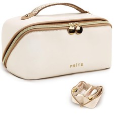 Bolsa de Maquillaje Prite para Mujer Viaje Impermeable Cuero Vegano Mediana, Beige