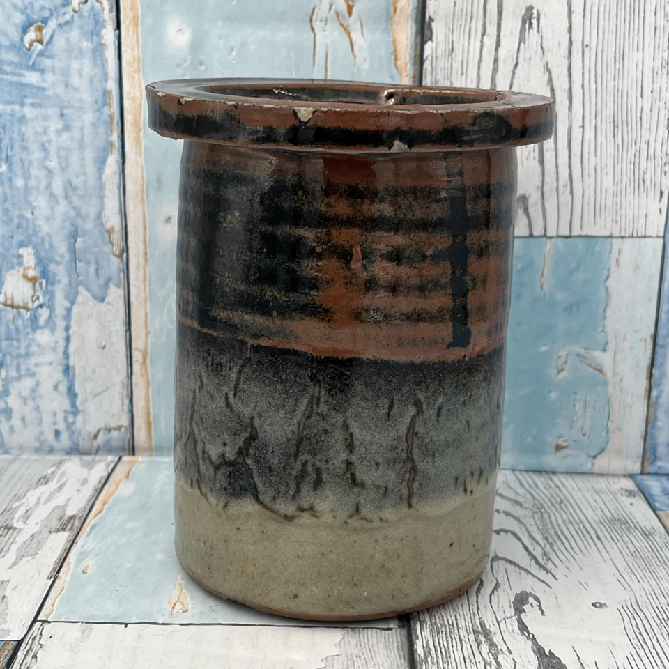 Vintage Rimmed Cylinder Vase-Leach Pottery Mark-Brown Banded Tenmoku Glaze 14 cm - Image 4 of 4