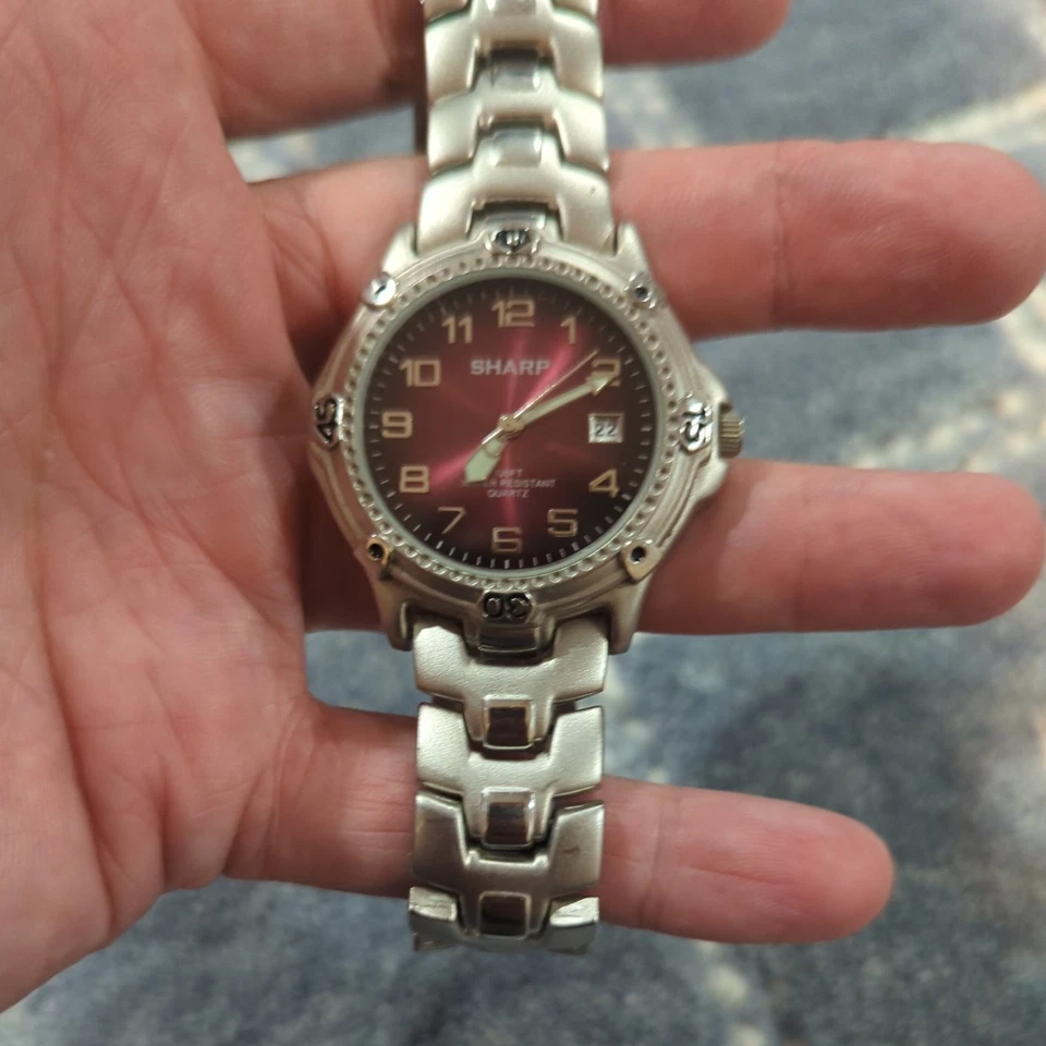 Sharp Silver Tone Red Dial Date Indicator Stainless Steel Band Watch 8 Inch - Image 2 of 4