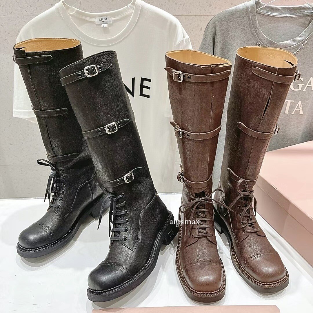 Women's Knee High Boots Block Heel Motor Buckle Lace Up Retro Western Cowboy OL