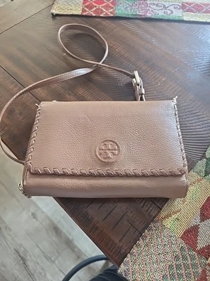 Tory Burch Tan Pebbled Whipstitch Crossbody Wallet Bag Gold Hardware - Image 1 of 4