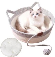 Handwoven Cotton Rope Interactive Cat Bed Basket,Foldable  Scratchable Nest wit