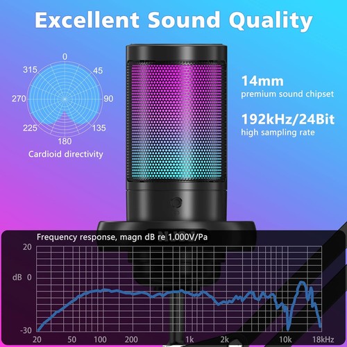RGB Gaming Mikrofon Streaming Mirophone Podcasting Mikro, Mic mit Stummschaltung - Afbeelding 2 van 12