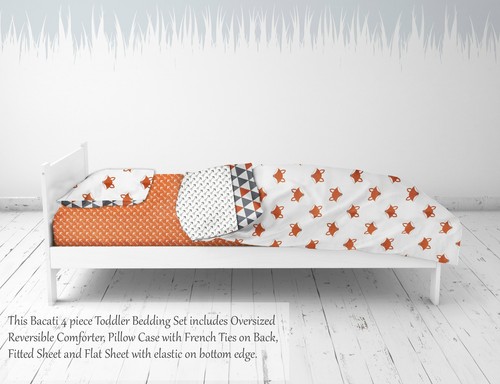 Bacati - Neutral Toddler Bedding/Sheet Set 100% Cotton Percale, Playful Fox Oran - Foto 5 di 10