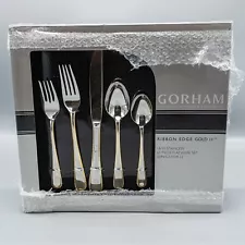 Gorham Golden Ribbon Edge Gold II Stainless Steel Flatware Service 12 –65 Pc NEW