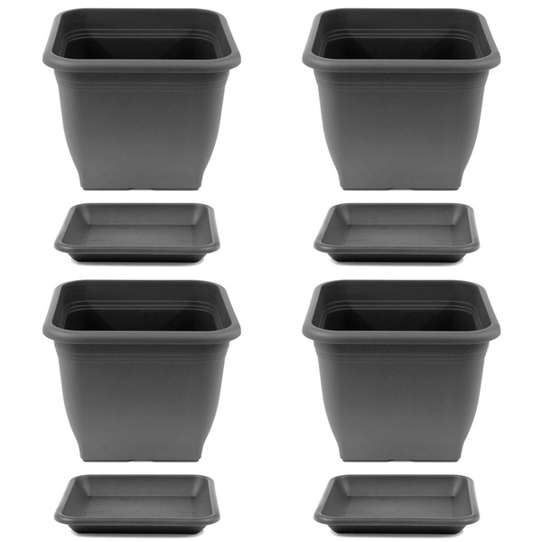4X Pflanztopf 33 X 33 Cm Kunststoff Incl. Untersetzer Eckig Anthrazit Blumentopf-image