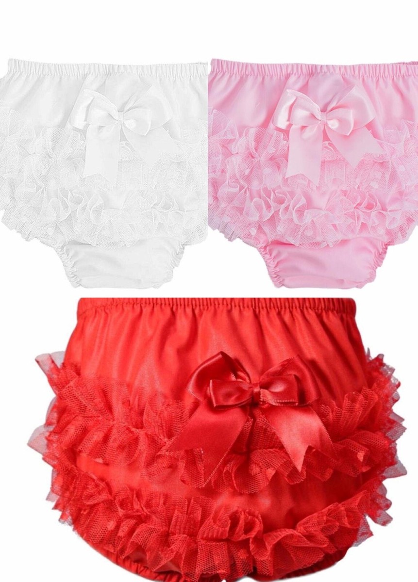 Adorable Baby Girl Frilly Knickers / Tutu Pants With Lace & Bow - Red, Pink & White