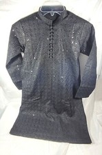 Kids Boys Damask Embroidered Sequin Kurta Top Shirt - Black - Choose Size