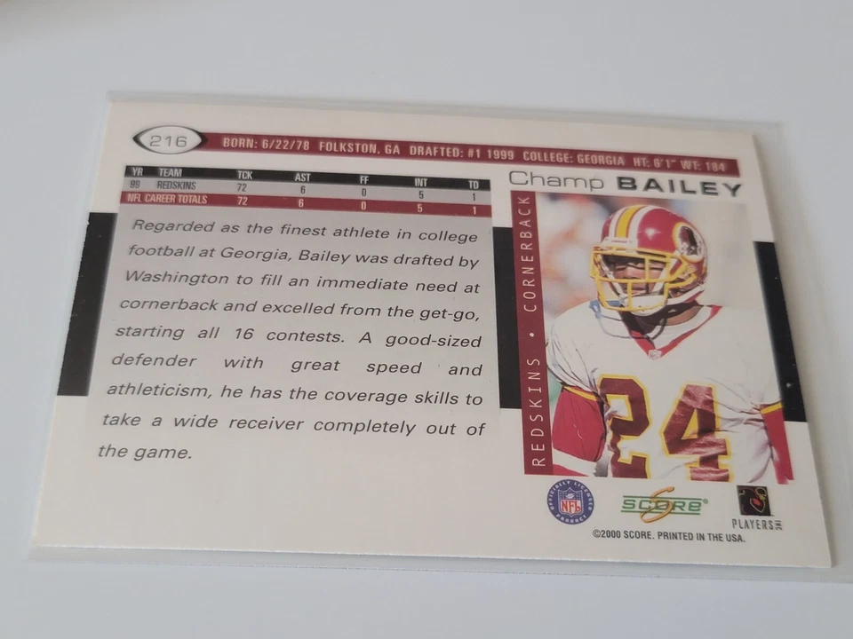 CHAMP BAILEY 2000 Score #216. REDSKINS - Image 2 of 2