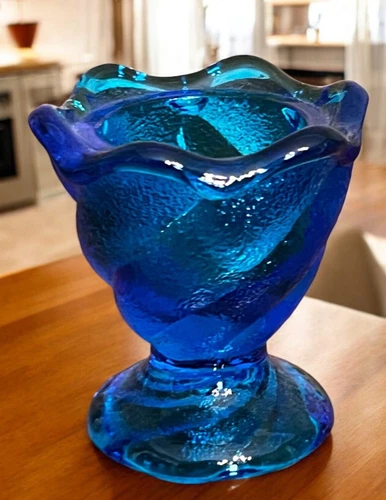 Vintage Fenton UV Reactive Blue Swirl Glass Votive/Match/Toothpick Holder