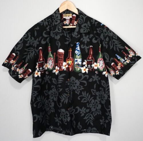 Winnie Fashion Hawaiian Black Beach Beer Alcohol Button Up Short Sleeve Shirt L