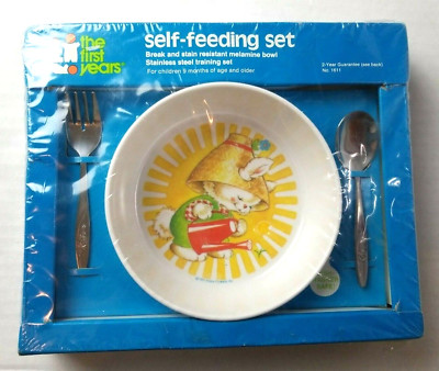 Vtg The First Years Baby Self Feeding Set Child Fork Spoon Melamine Bowl Bunny