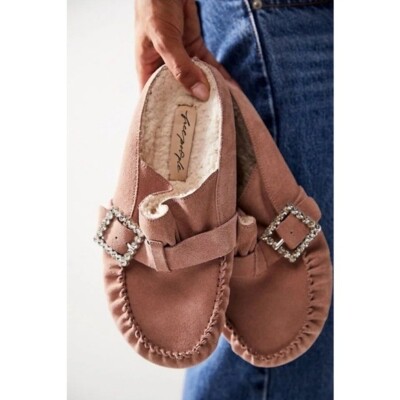 New Free People Shearling After Riding Mules Size 7.5 Pink Frost Bohemian Bling