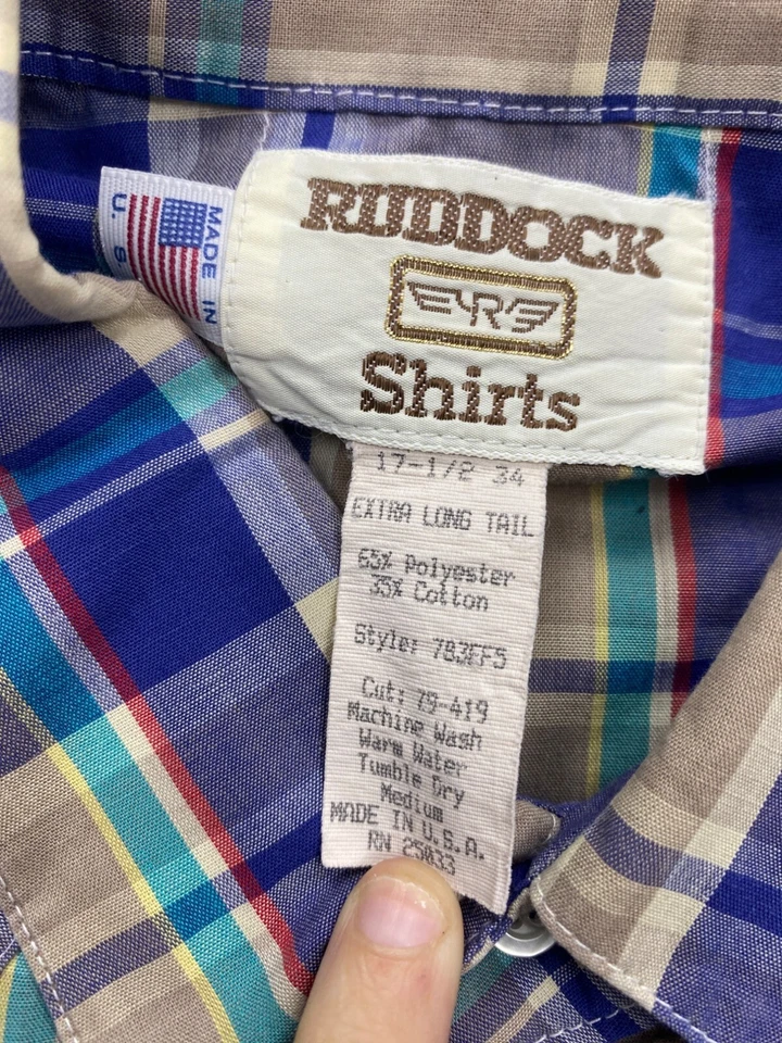 Vtg Ruddock Shirt Men 17.5-34 Extra Long Tail Gray Plaid Western Pearl Snap USA - Image 3 of 4