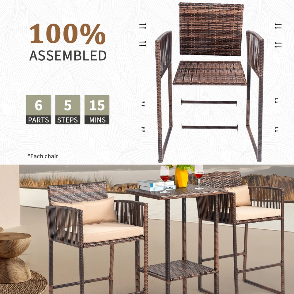 3 Piece Bar Set Bar Height Bistro Table Set High Top Wicker Bar Stools and Table - Image 3 of 4
