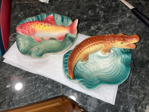 Vintage Florida Ceramic Alligator Ashtray & Fish Trinket Dish Souvenir Lot Q - Picture 1 of 3