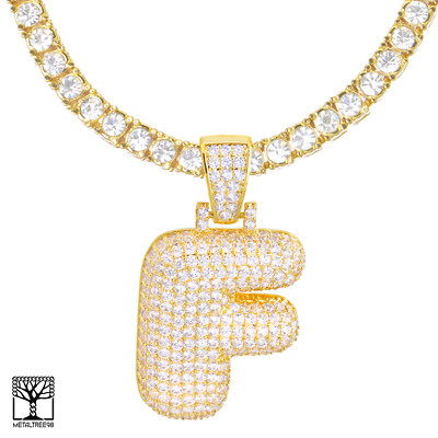 Men's 14k Gold Plated Iced CZ Bubble Letter F Pendant 24