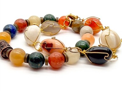 Karneol Achat Citrin Edelstein Armband Duo - Draht umwickelt & Stretch Set