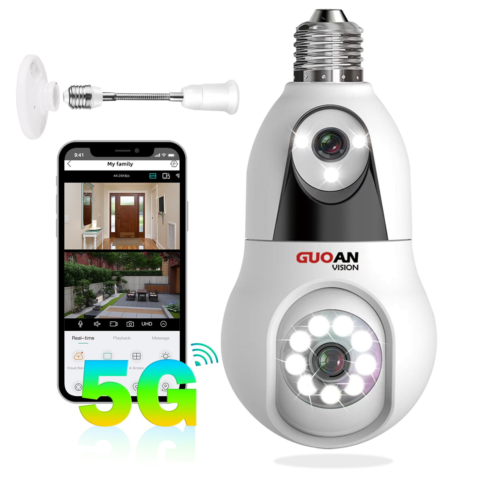 6MP Light Bulb Security Camera, 5G& 2.4GHz WiFi Dual Lens Wireless Light Sock...