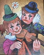 D.A.C. N.Y. Clowns Lithograph Kids Children Carved Wood Frame Creepy Violin