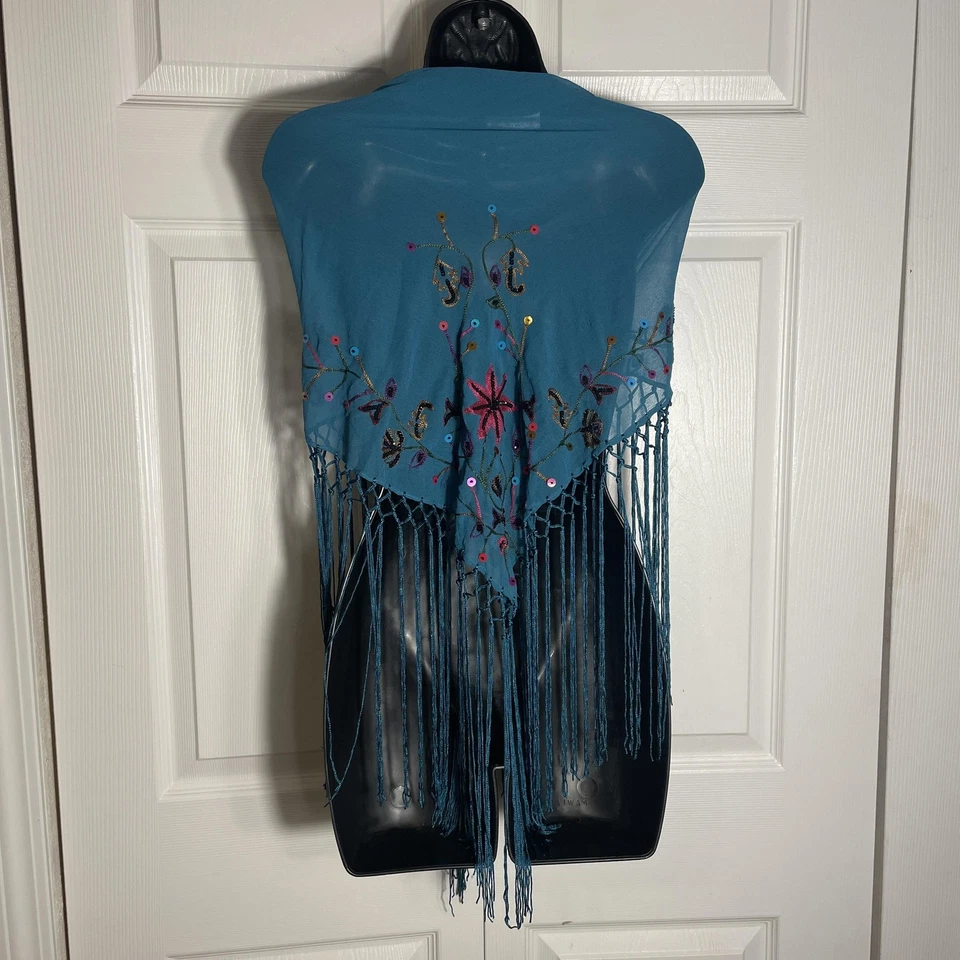 Jones New York Chal Envolvente Mujer Talla Única Azul Teal Bordado Lentejuelas Flecos Foto 2 de 4